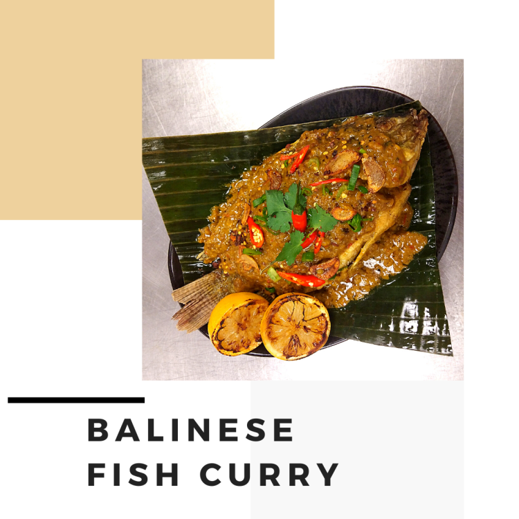 Culinary &amp; Food Service Management/LaSalle College Vancouver/This is called Balinese Fish Curry due to its place of origin-- Bali, an island in Indonesia. Deep-fried fish is topped with Indonesian curry sauce, which has balanced flavors of sweetness/creaminess (from coconut), spiciness (bird&#39;s eye chili and ginger) and sourness/citrus (tamarind and kaffir lime leaves).